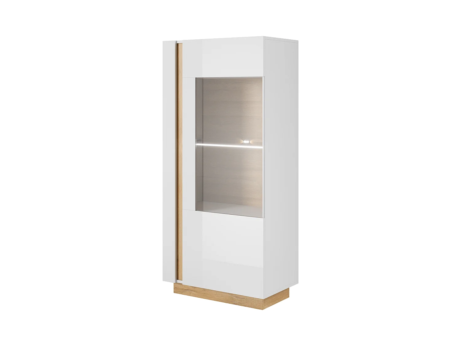 Niedrige Vitrine, Weiß + Hochglanzweiß + Grandson Eiche, 72 x 154 x 40 cm