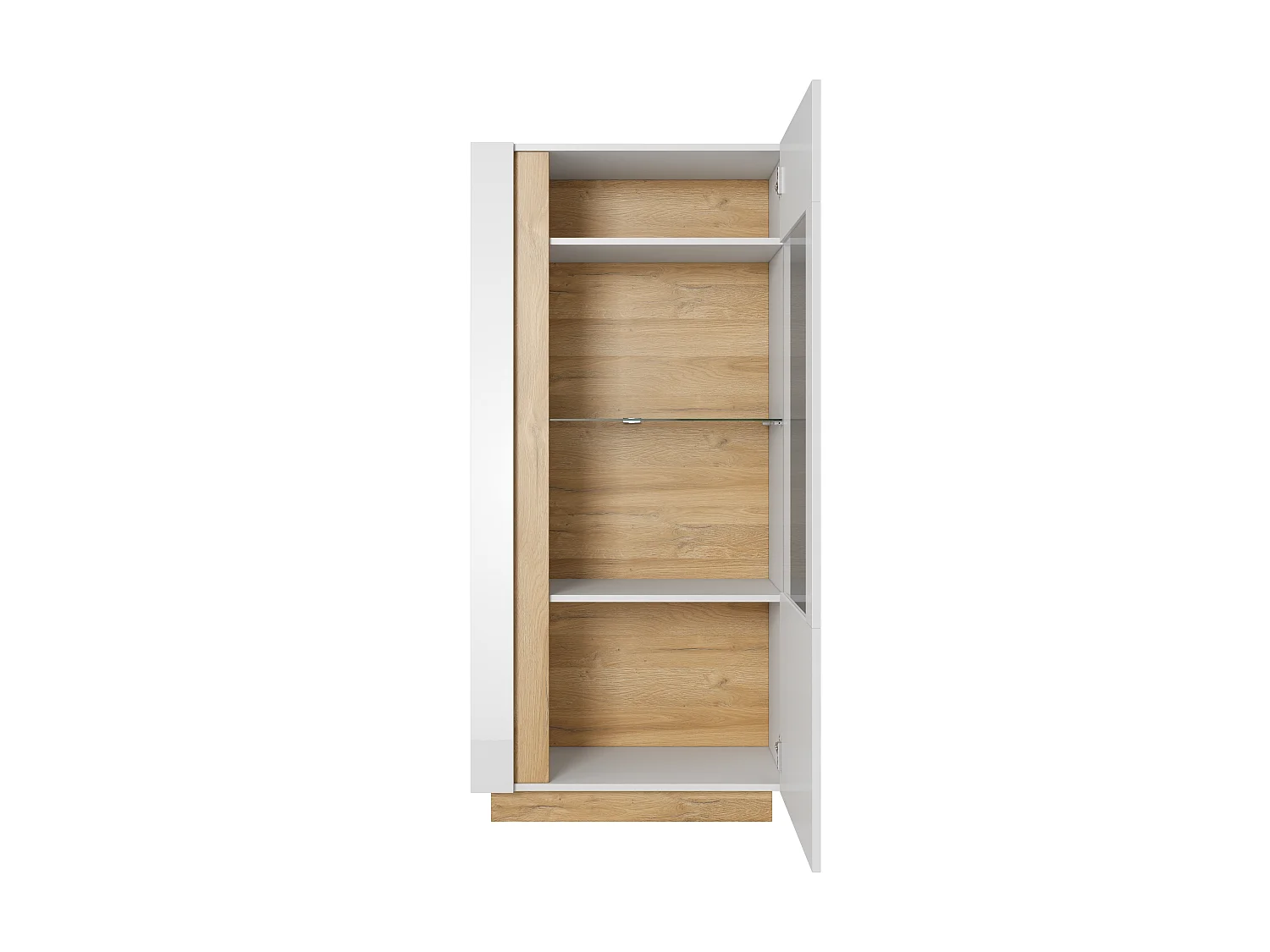 Niedrige Vitrine, Weiß + Hochglanzweiß + Grandson Eiche, 72 x 154 x 40 cm
