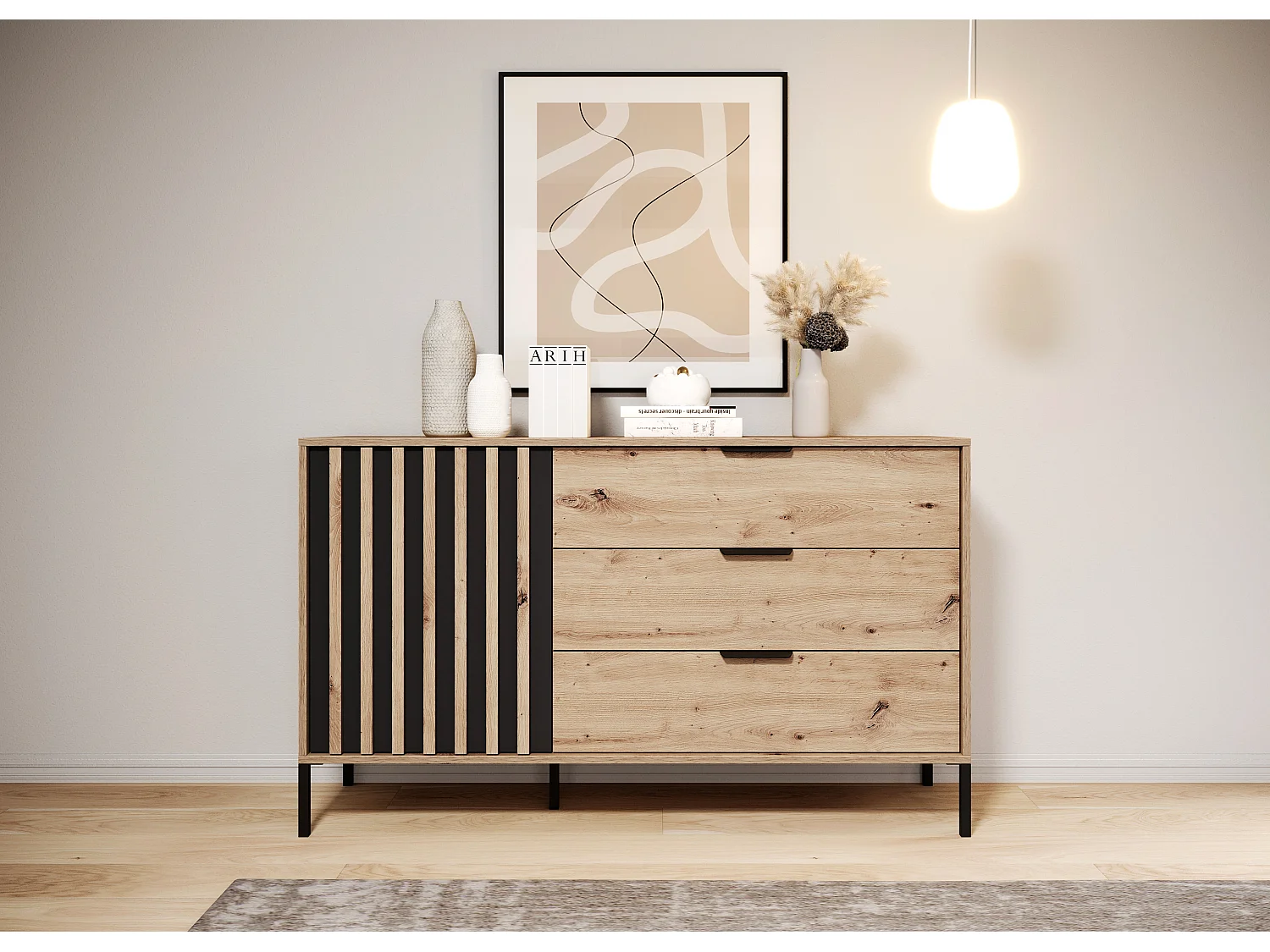 Commode, chêne artisanal et anthracite, 137,3 x 81,4 x 39,5 cm
