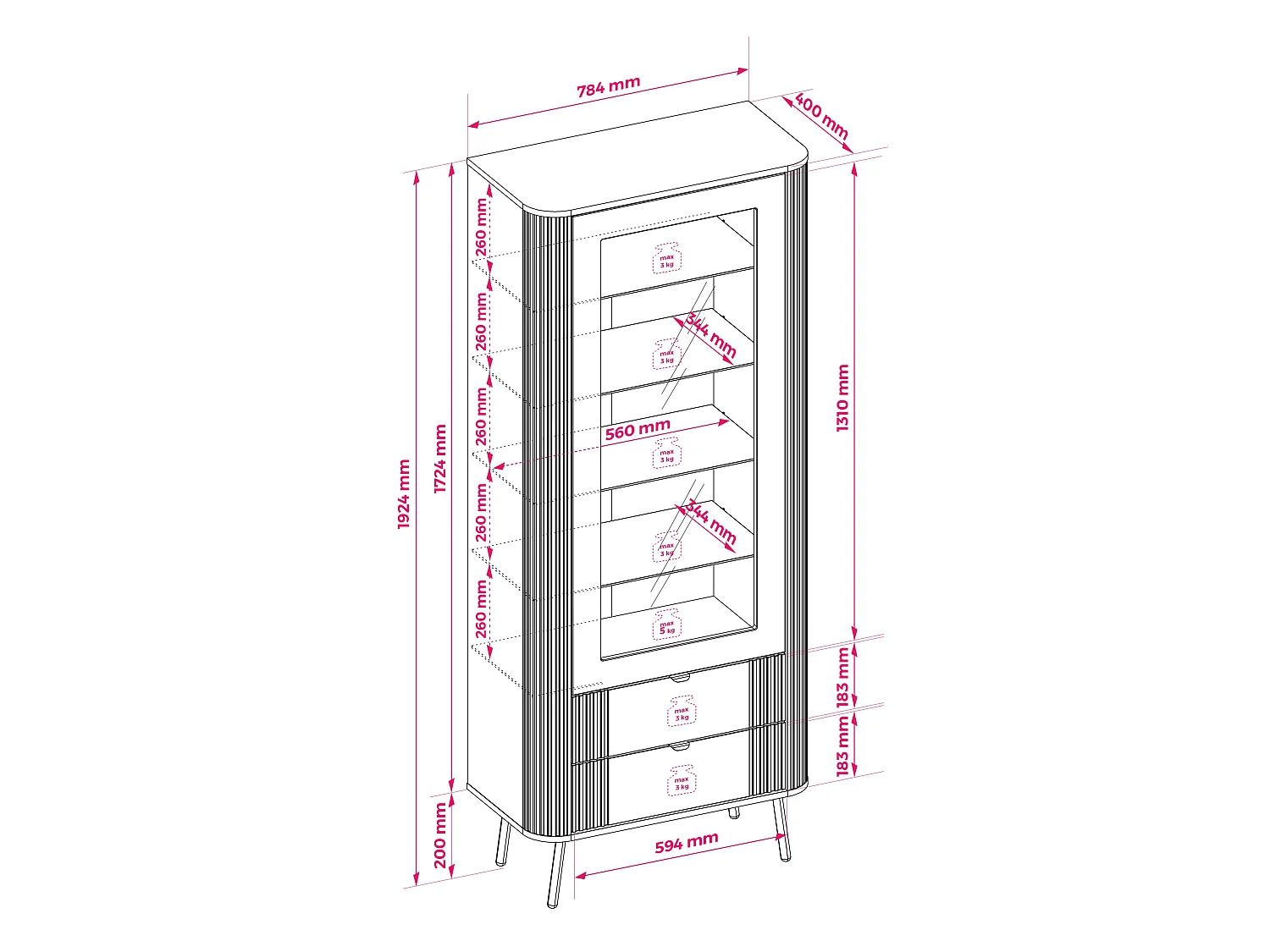 Vitrine mit 2 Schubladen, Kaschmir, 78,4 x 40 x 192,4 cm