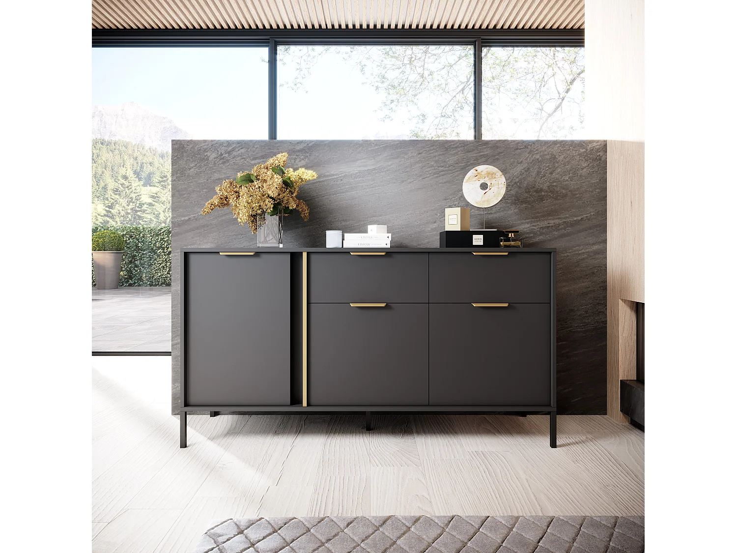 Commode Large Anthracite, 153 x 39,5 x 81,4 cm - 3 Portes, 2 Tiroirs, Pieds Métal