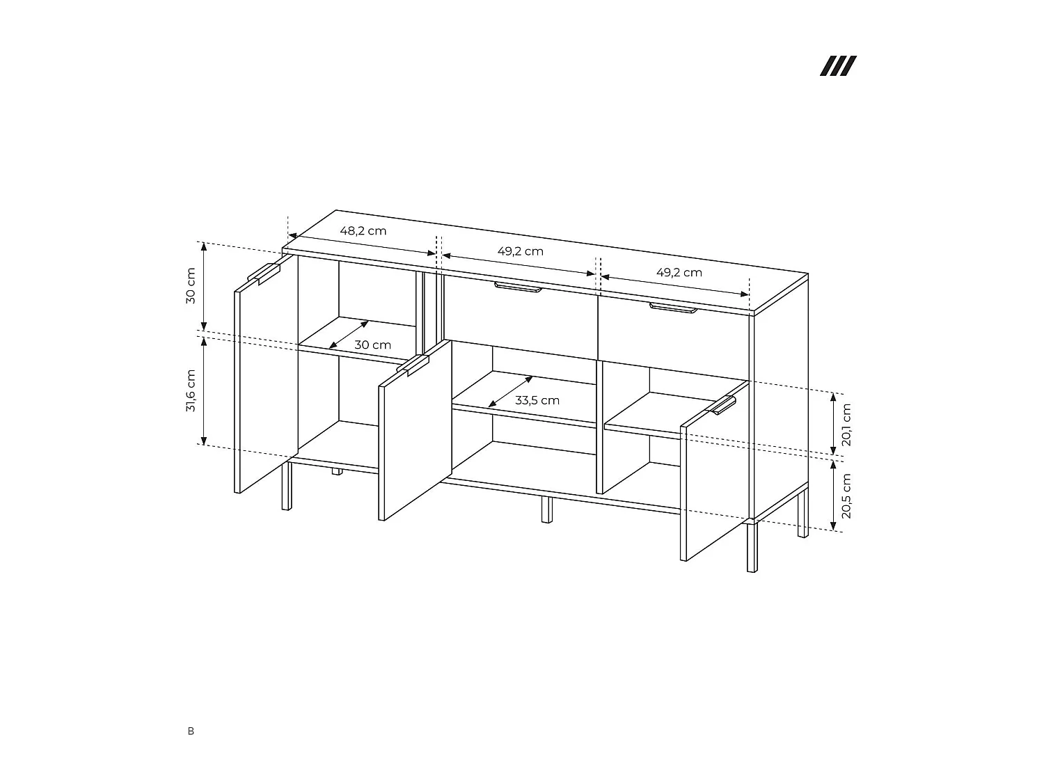 Commode Large Anthracite, 153 x 39,5 x 81,4 cm - 3 Portes, 2 Tiroirs, Pieds Métal