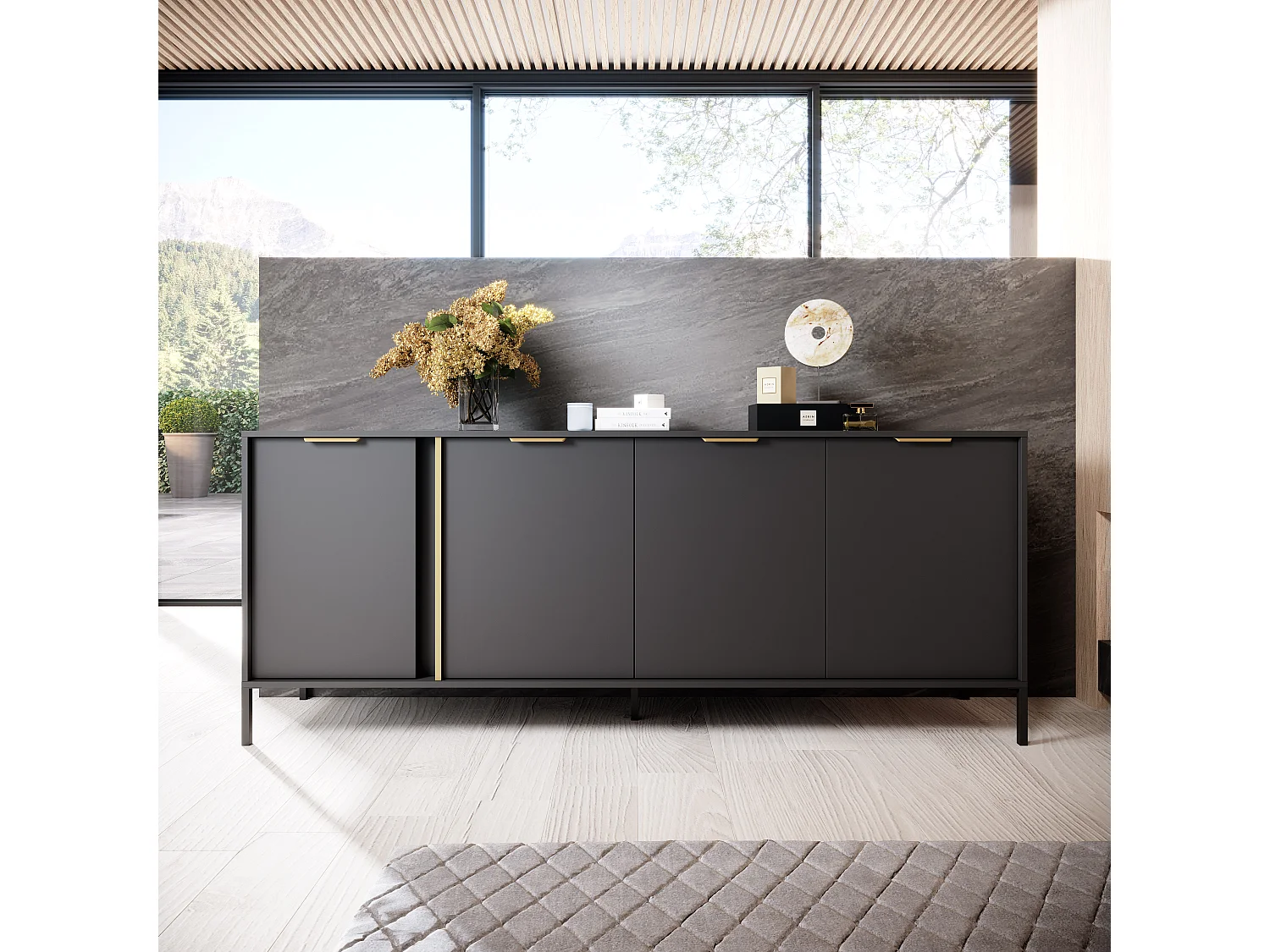 Commode Large Anthracite, 203 x 39,5 x 81,4 cm - 4 Portes, Pieds Métal, Spacieuse