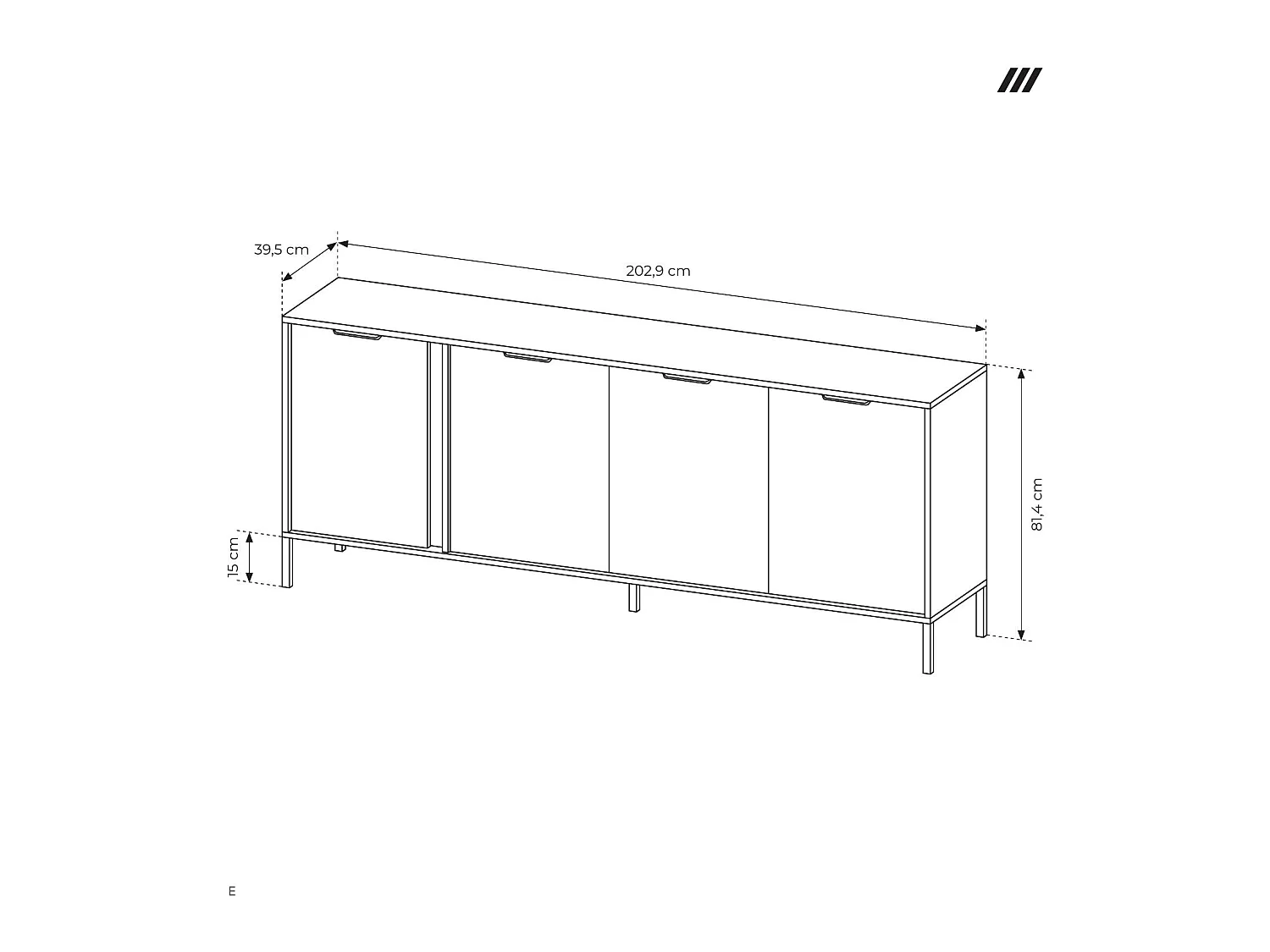 Commode Large Anthracite, 203 x 39,5 x 81,4 cm - 4 Portes, Pieds Métal, Spacieuse