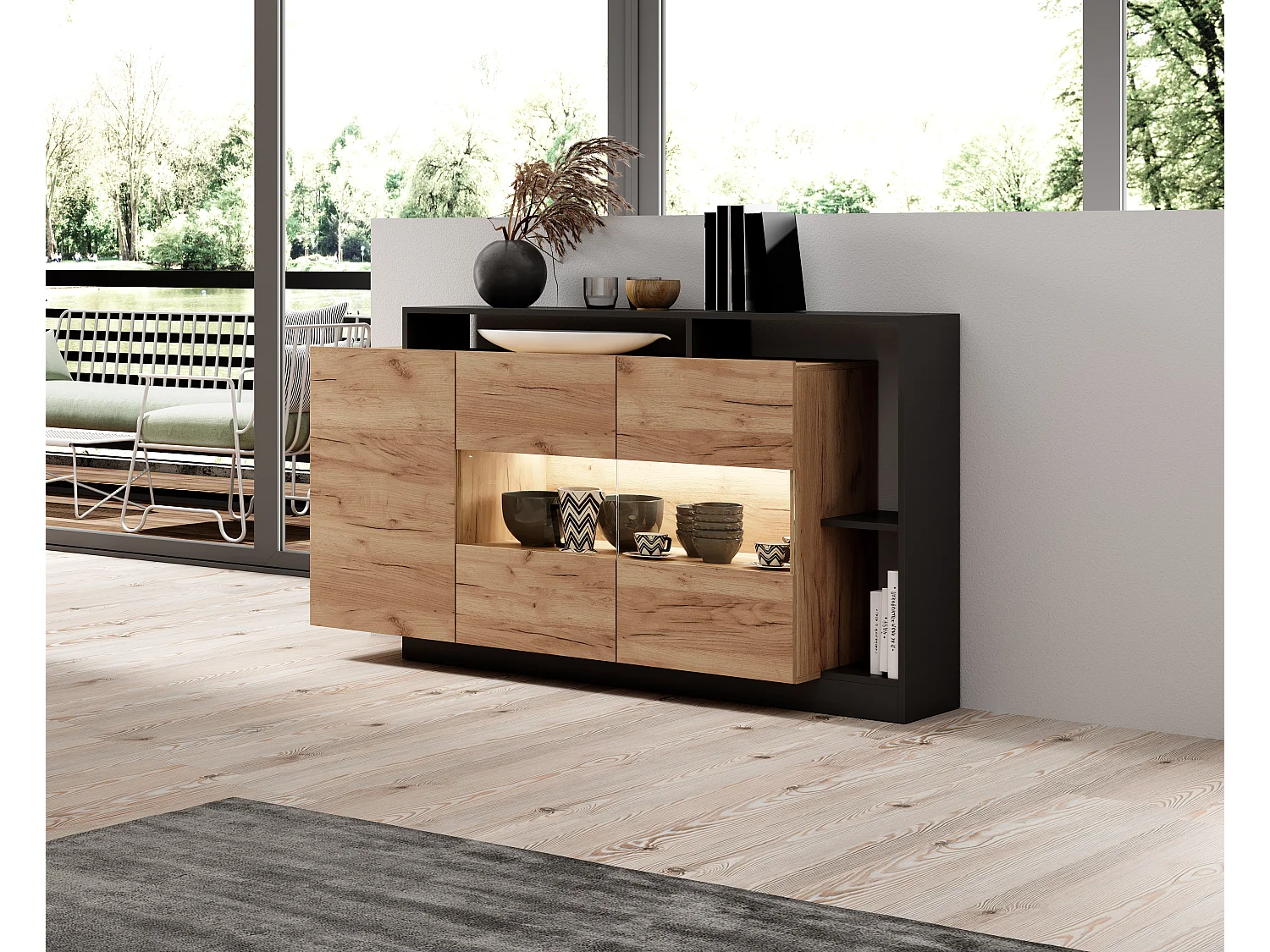 Vitrine pour Salon, Chêne Craft / Anthracite, 155 x 44 x 93,5 cm