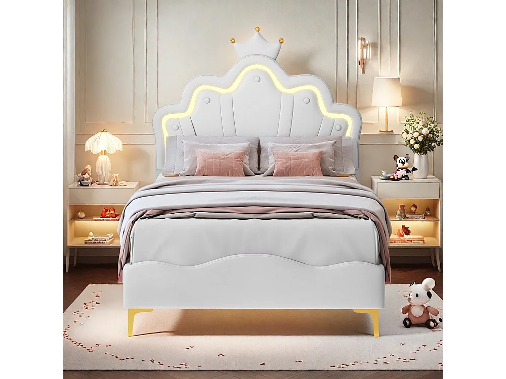 Lit Princesse - 90 x 190 cm - avec éclairage LED et tête en forme de couronne réglable en hauteur - Blanc