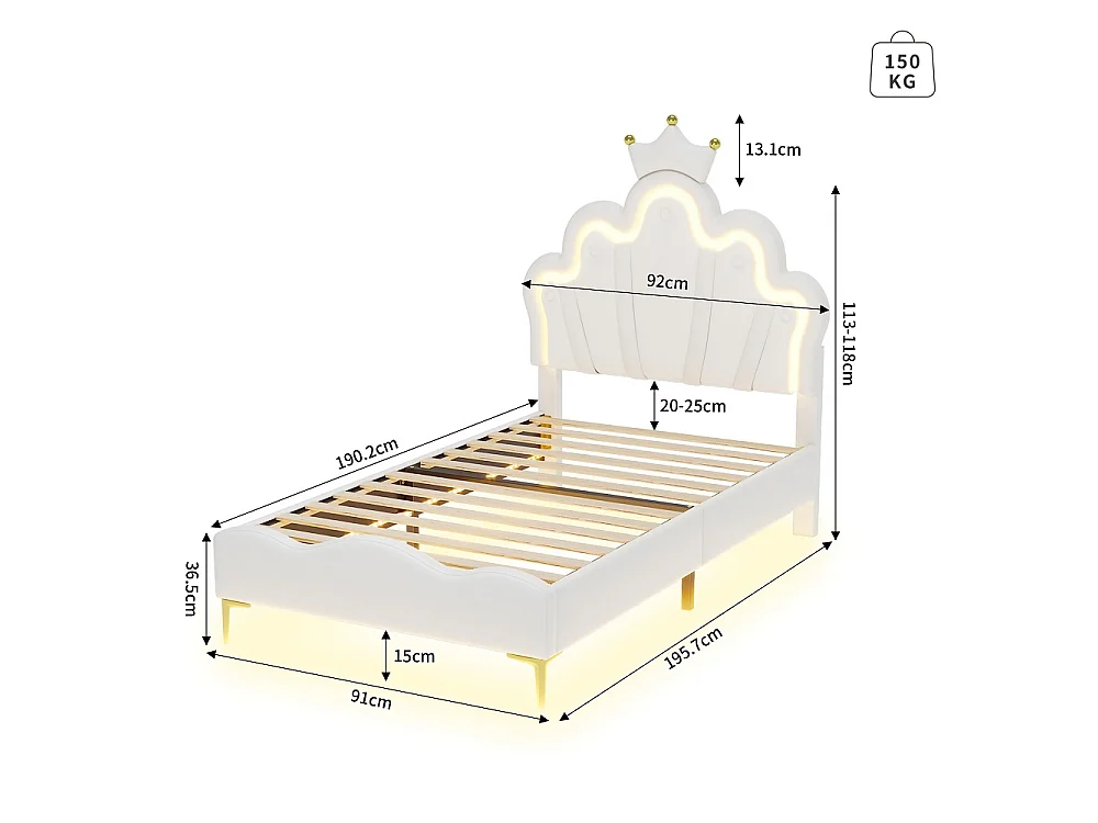 Lit Princesse - 90 x 190 cm - avec éclairage LED et tête en forme de couronne réglable en hauteur - Blanc