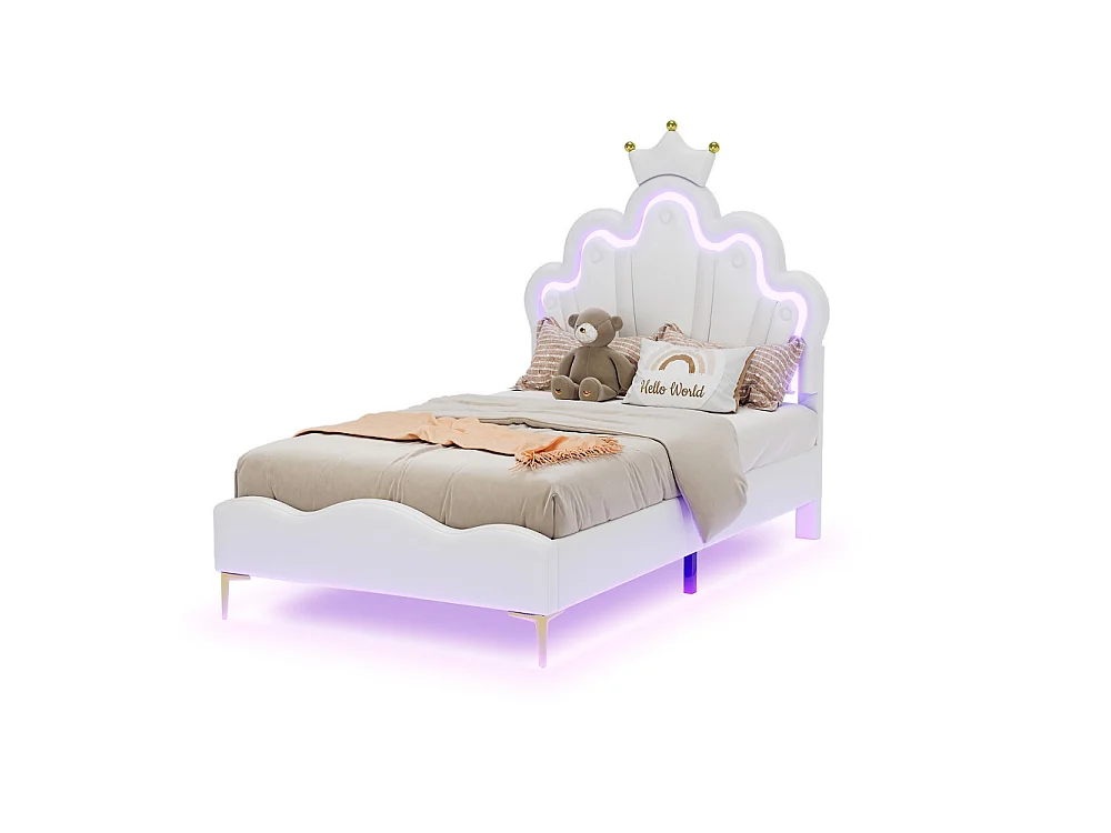Lit Princesse - 90 x 190 cm - avec éclairage LED et tête en forme de couronne réglable en hauteur - Blanc