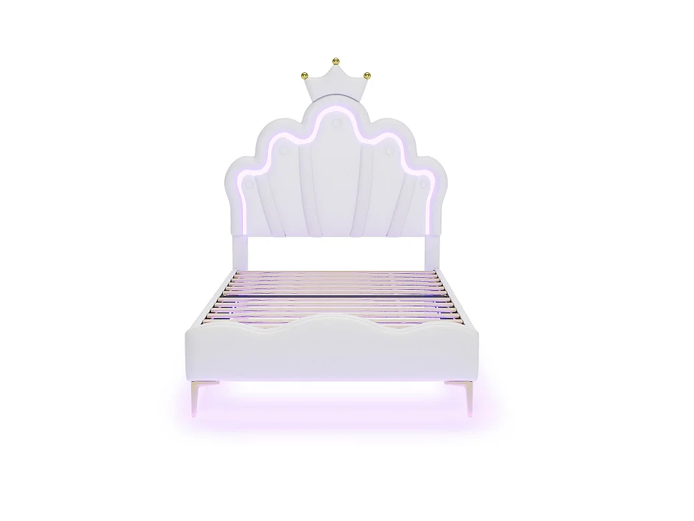 Lit Princesse - 90 x 190 cm - avec éclairage LED et tête en forme de couronne réglable en hauteur - Blanc
