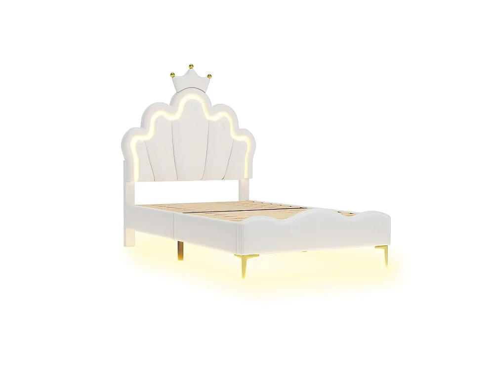 Lit Princesse - 90 x 190 cm - avec éclairage LED et tête en forme de couronne réglable en hauteur - Blanc