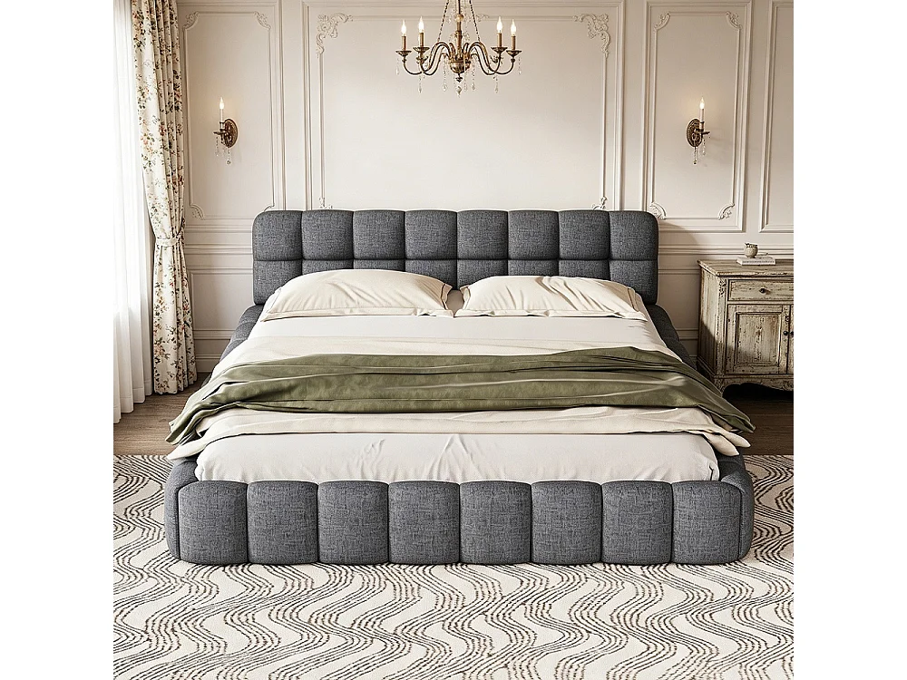 Lit plat avec bordure rembourrée - 140 x 190 cm - Design matelas avec dossier doux - Linge de maison - gris