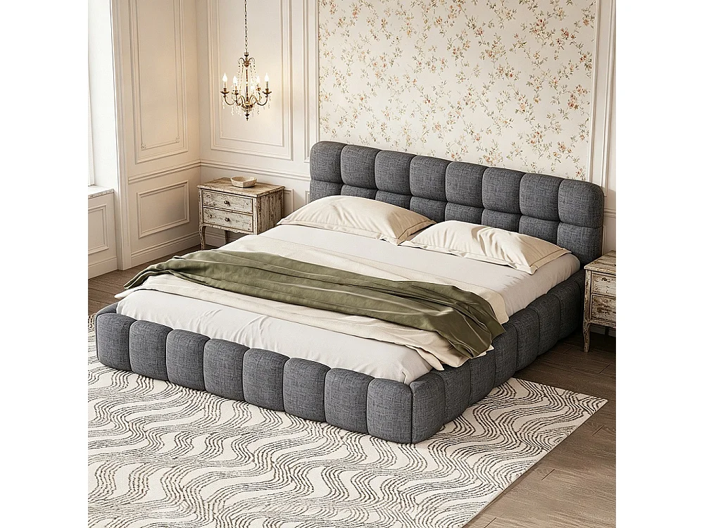 Lit plat avec bordure rembourrée - 140 x 190 cm - Design matelas avec dossier doux - Linge de maison - gris