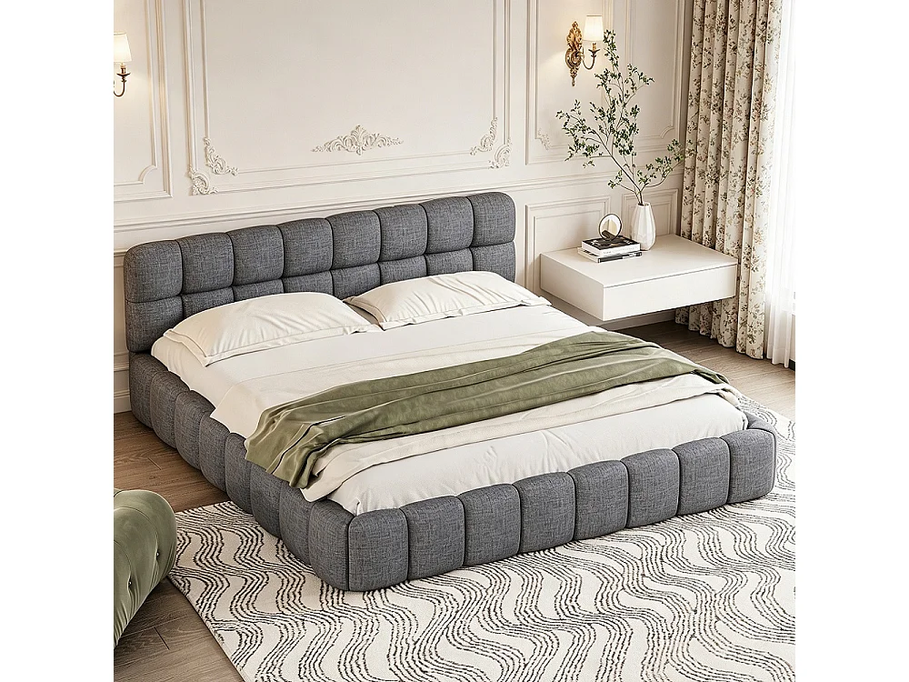 Lit plat avec bordure rembourrée - 140 x 190 cm - Design matelas avec dossier doux - Linge de maison - gris