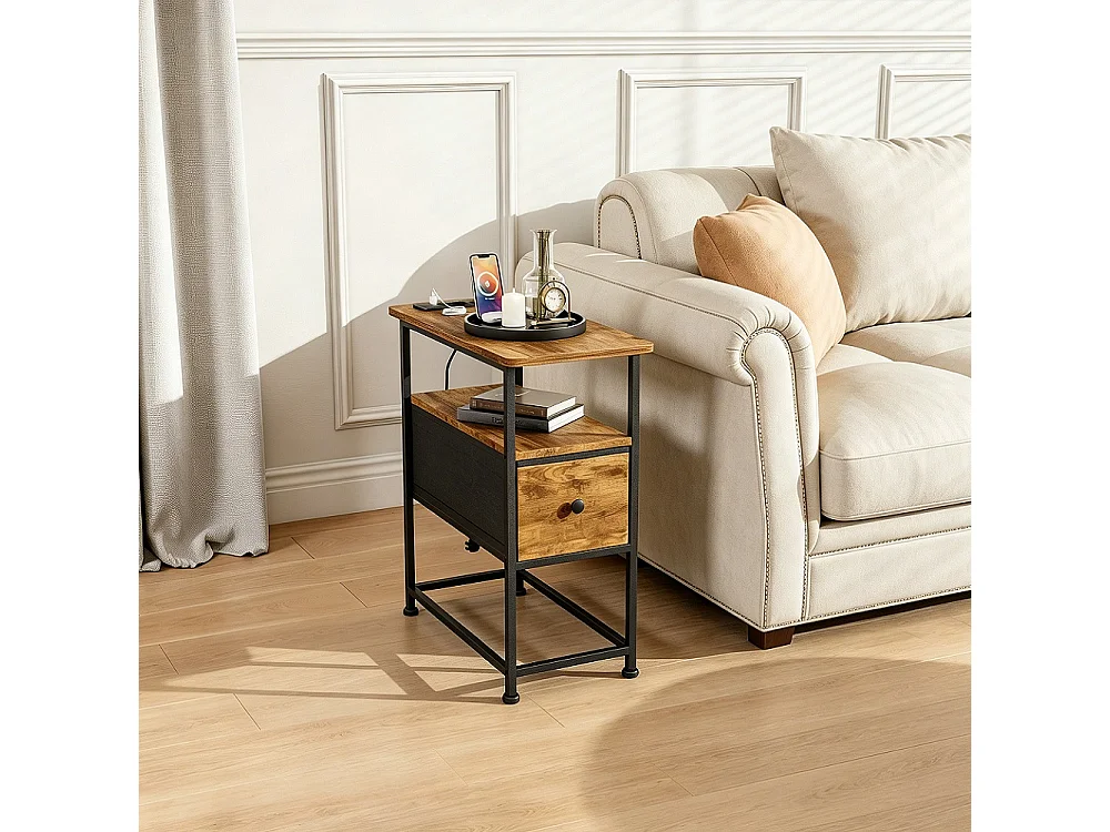 Table d'extrémité - 60 x 30 x 62 cm - avec 1 tiroir 2 prises AC et 2 ports USB - Marron