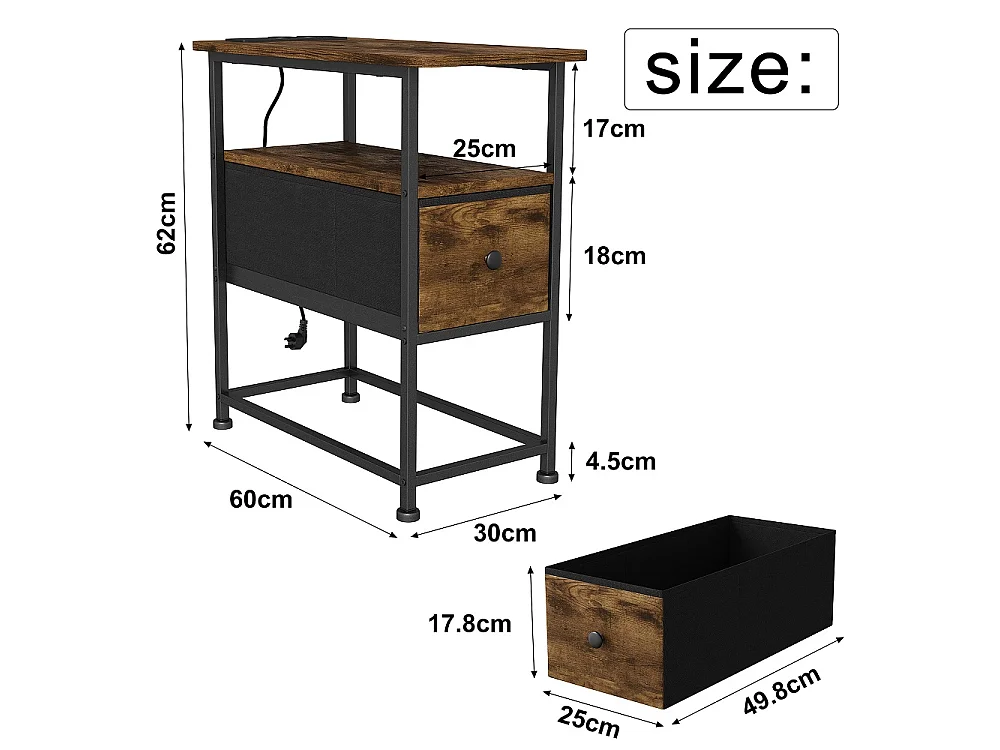 Table d'extrémité - 60 x 30 x 62 cm - avec 1 tiroir 2 prises AC et 2 ports USB - Marron