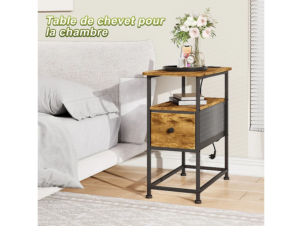 Table d'extrémité - 60 x 30 x 62 cm - avec 1 tiroir 2 prises AC et 2 ports USB - Marron