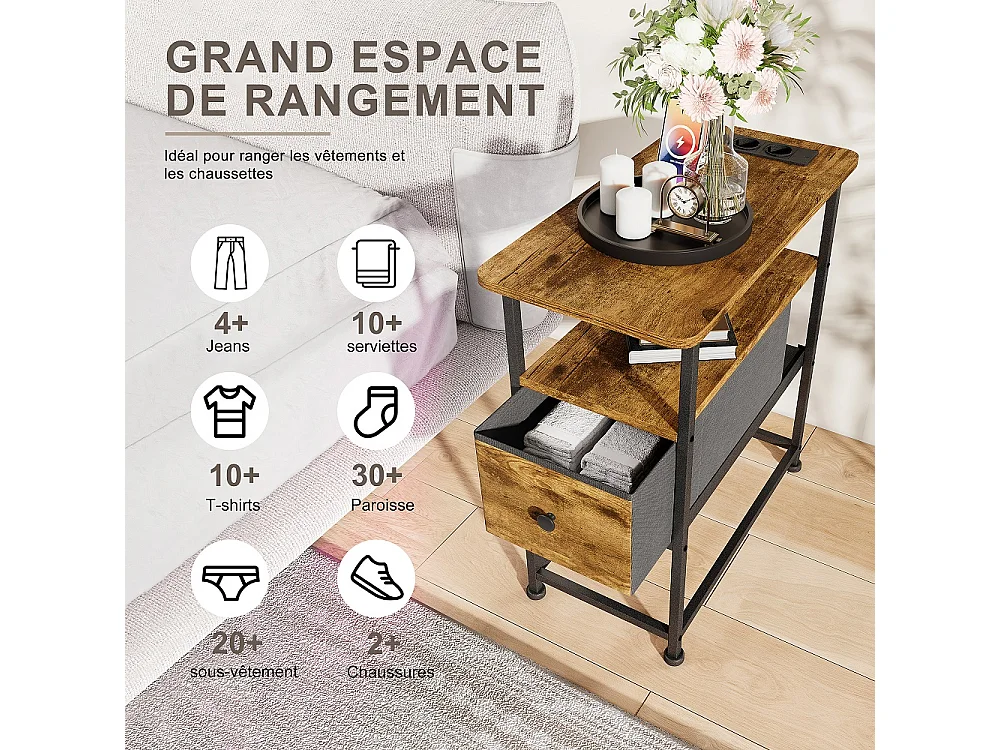Table d'extrémité - 60 x 30 x 62 cm - avec 1 tiroir 2 prises AC et 2 ports USB - Marron