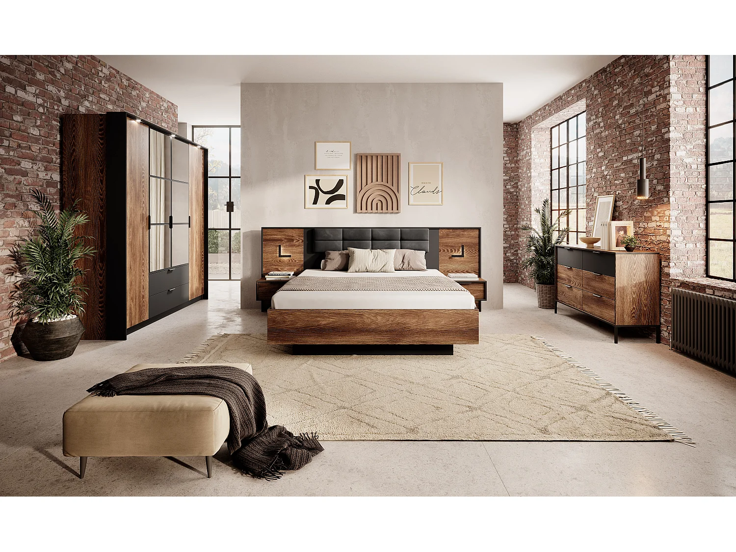 Bett 160x200, Kastanie + Anthrazit, 166,6 x 102 x 210 cm
