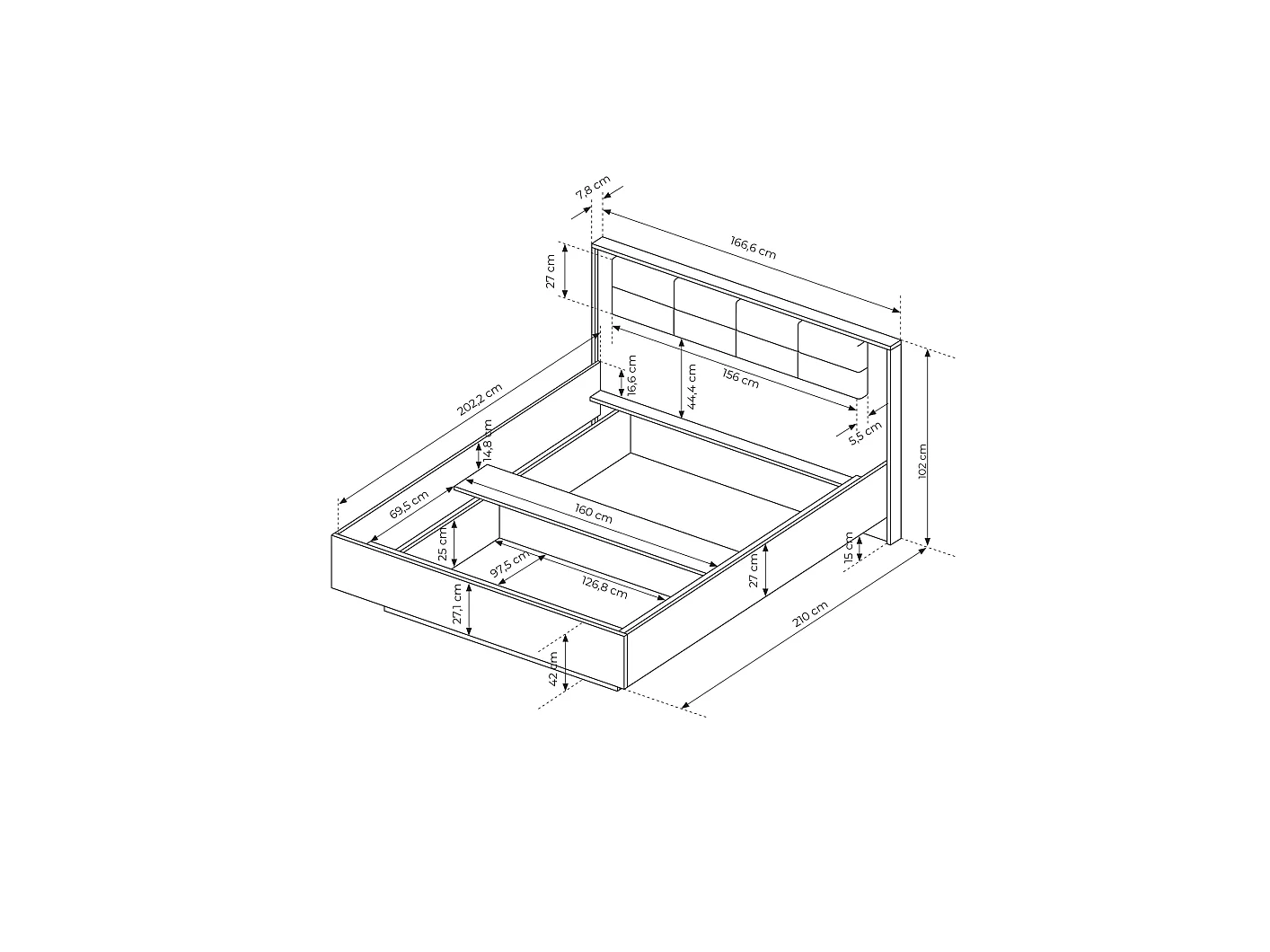 Bett 160x200, Kastanie + Anthrazit, 166,6 x 102 x 210 cm