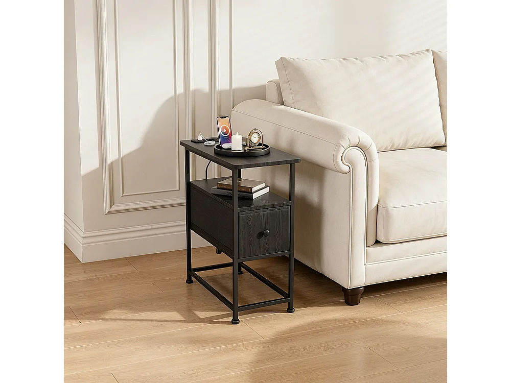 Table d'extrémité - 60 x 30 x 62 cm - avec 1 tiroir 2 prises AC et 2 ports USB - Noir