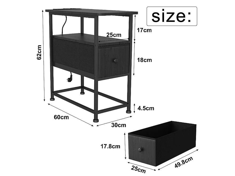 Table d'extrémité - 60 x 30 x 62 cm - avec 1 tiroir 2 prises AC et 2 ports USB - Noir