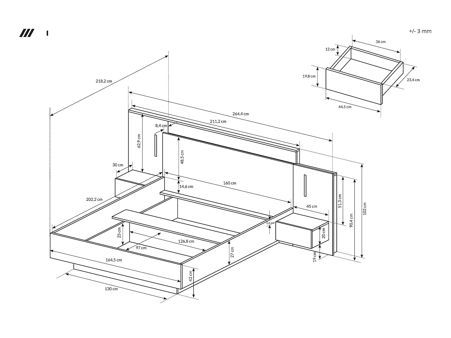 Bett 160 mit Bettkasten und LED, weiß / Eiche Craft Gold, 264,4 x 218,2 x 102 cm