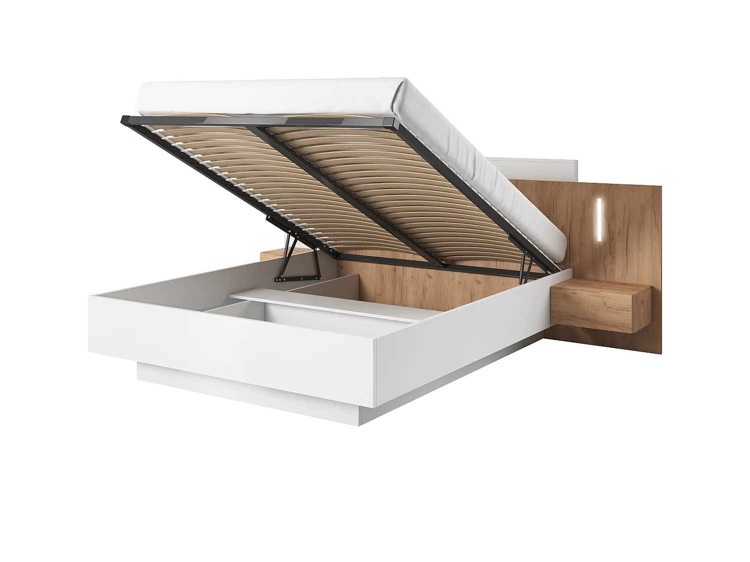Bett 160 mit Bettkasten und LED, weiß / Eiche Craft Gold, 264,4 x 218,2 x 102 cm
