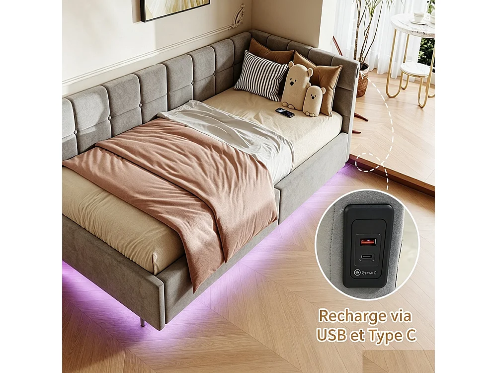 Lit hydraulique suspendu simple - 90 x 200 cm - Charge USB et TypeC + bande lumineuse de télécommande RVB - Velvet - Gris