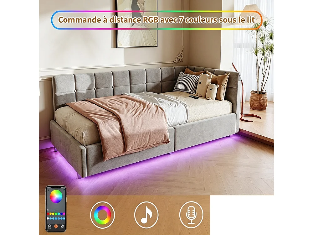 Lit hydraulique suspendu simple - 90 x 200 cm - Charge USB et TypeC + bande lumineuse de télécommande RVB - Velvet - Gris