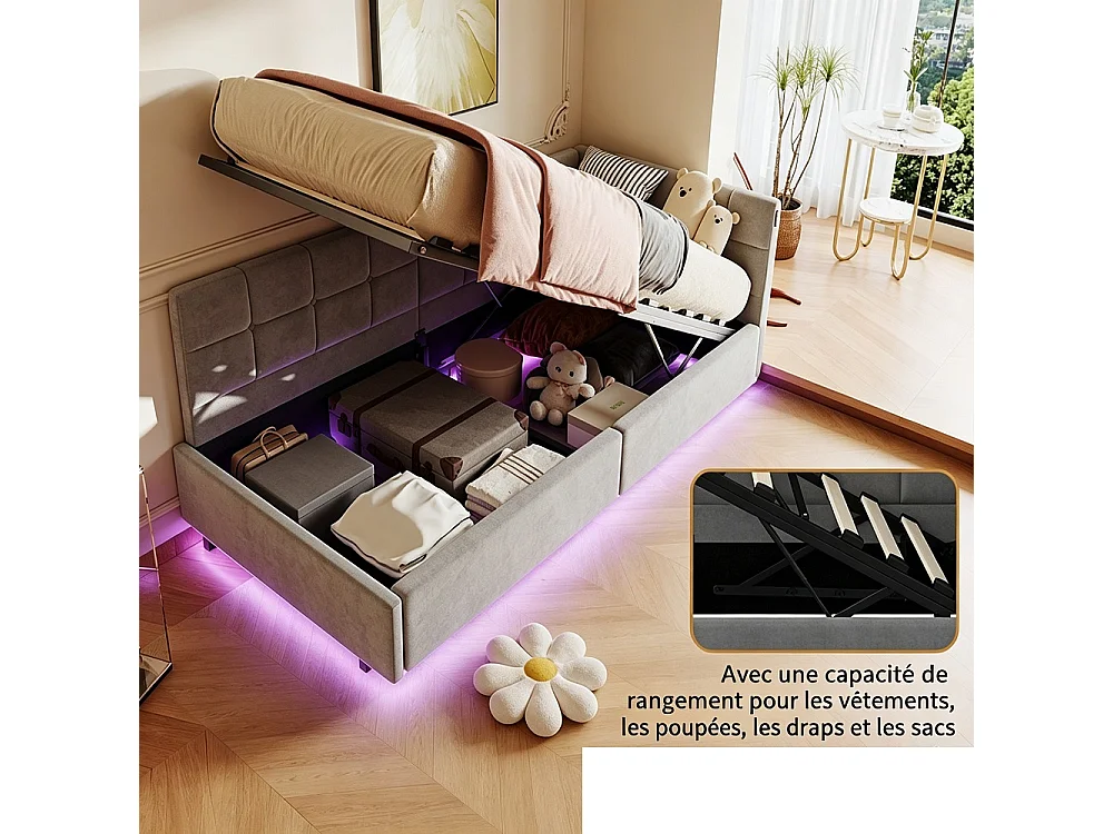 Lit hydraulique suspendu simple - 90 x 200 cm - Charge USB et TypeC + bande lumineuse de télécommande RVB - Velvet - Gris