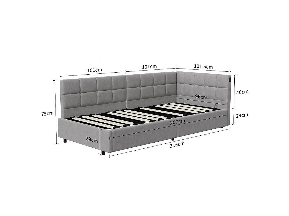 Lit hydraulique suspendu simple - 90 x 200 cm - Charge USB et TypeC + bande lumineuse de télécommande RVB - Velvet - Gris