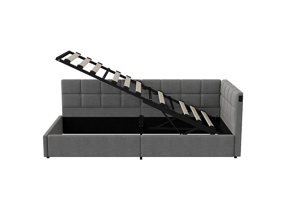Lit hydraulique suspendu simple - 90 x 200 cm - Charge USB et TypeC + bande lumineuse de télécommande RVB - Velvet - Gris