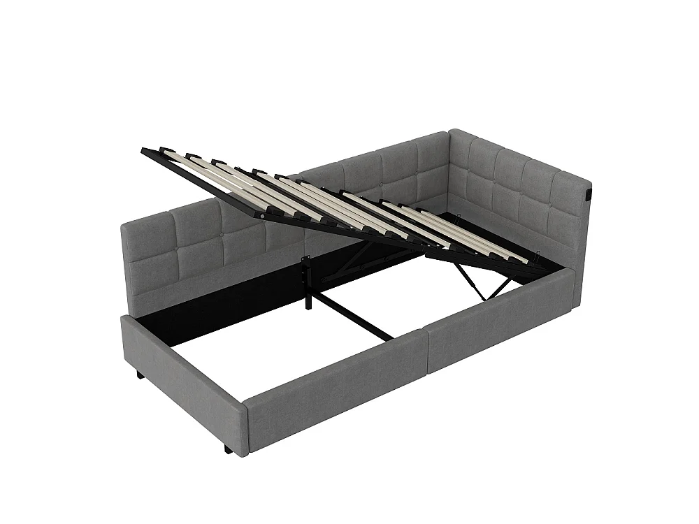 Lit hydraulique suspendu simple - 90 x 200 cm - Charge USB et TypeC + bande lumineuse de télécommande RVB - Velvet - Gris