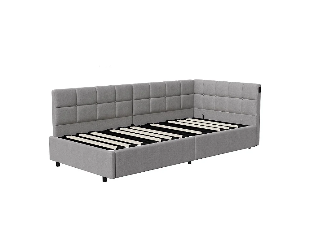 Lit hydraulique suspendu simple - 90 x 200 cm - Charge USB et TypeC + bande lumineuse de télécommande RVB - Velvet - Gris