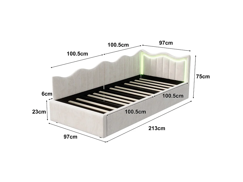 Lit poitrinaire de stockage hydraulique - 90 x 200 cm - tête en forme d'onde LED - Velvet - Beige
