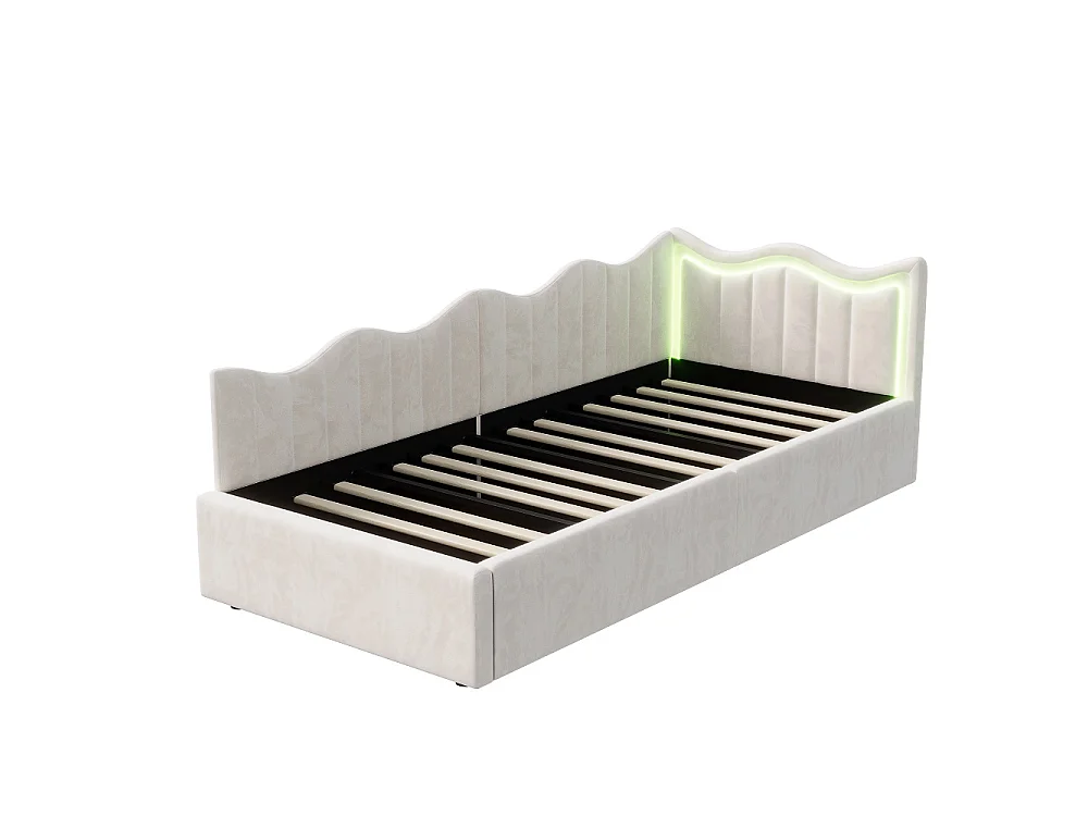 Lit poitrinaire de stockage hydraulique - 90 x 200 cm - tête en forme d'onde LED - Velvet - Beige