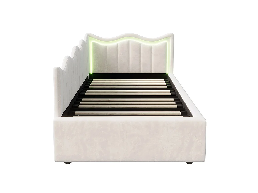Lit poitrinaire de stockage hydraulique - 90 x 200 cm - tête en forme d'onde LED - Velvet - Beige