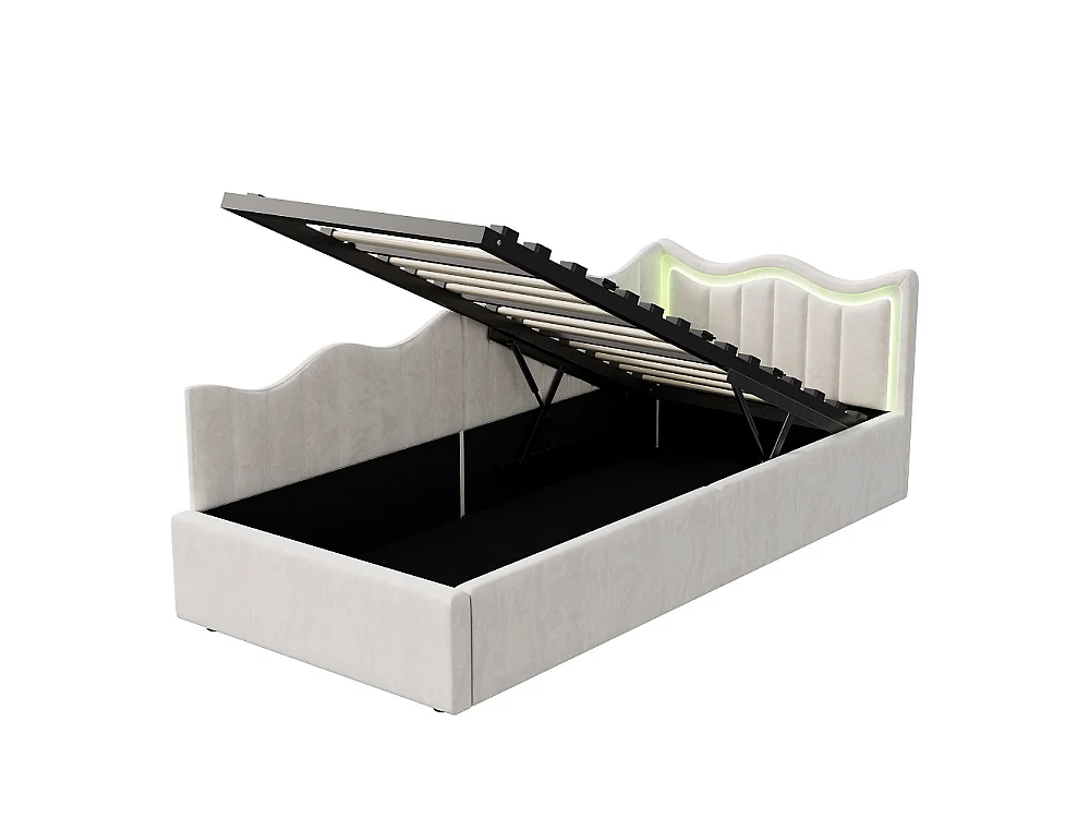 Lit poitrinaire de stockage hydraulique - 90 x 200 cm - tête en forme d'onde LED - Velvet - Beige