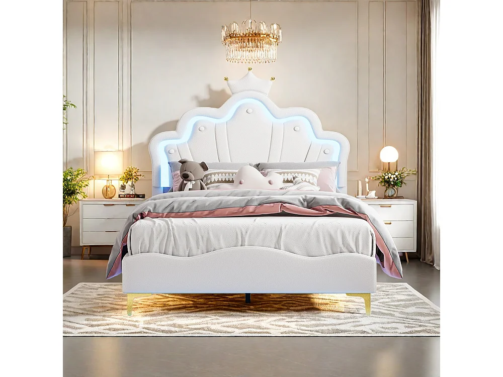 Lit Princesse - 140 x 190 cm - avec éclairage LED et tête en forme de couronne réglable en hauteur - Blanc