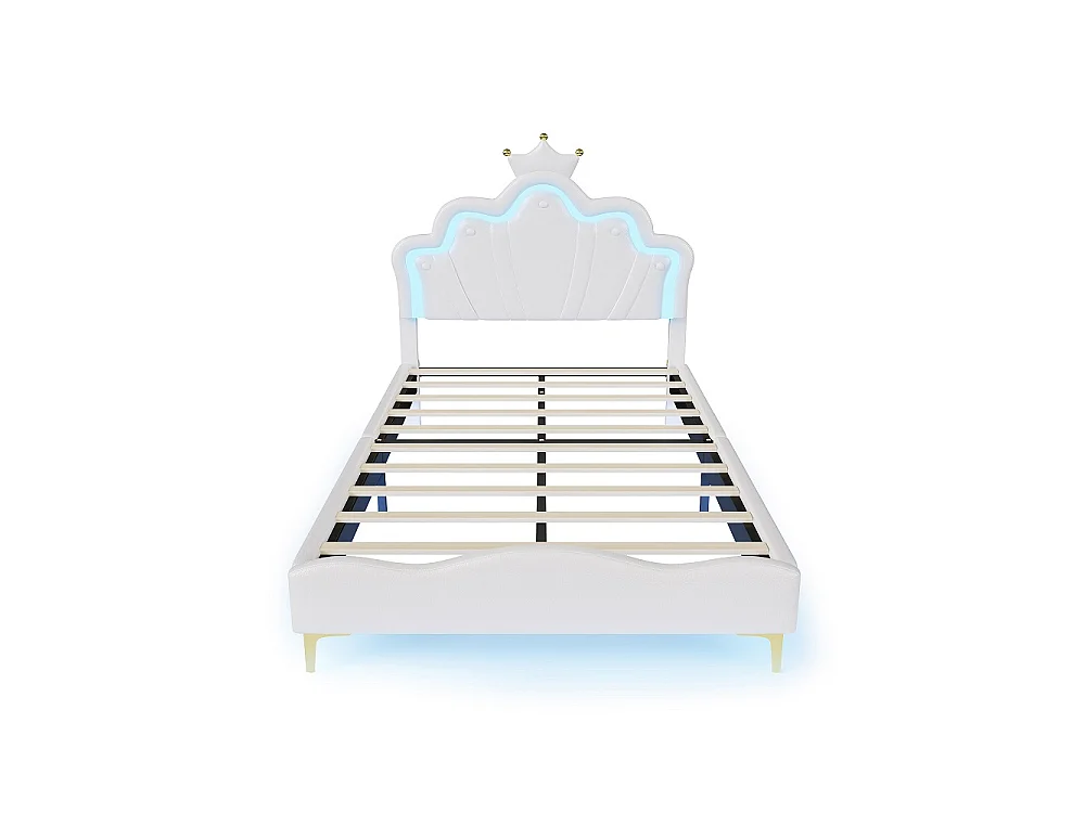 Lit Princesse - 140 x 190 cm - avec éclairage LED et tête en forme de couronne réglable en hauteur - Blanc