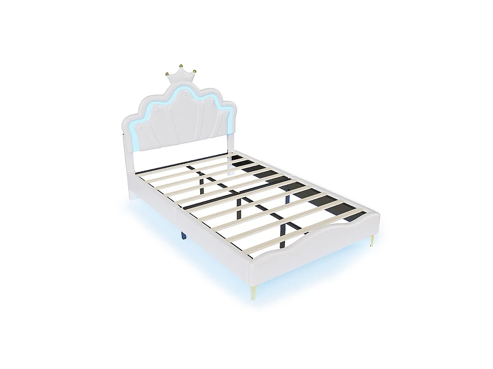 Lit Princesse - 140 x 190 cm - avec éclairage LED et tête en forme de couronne réglable en hauteur - Blanc