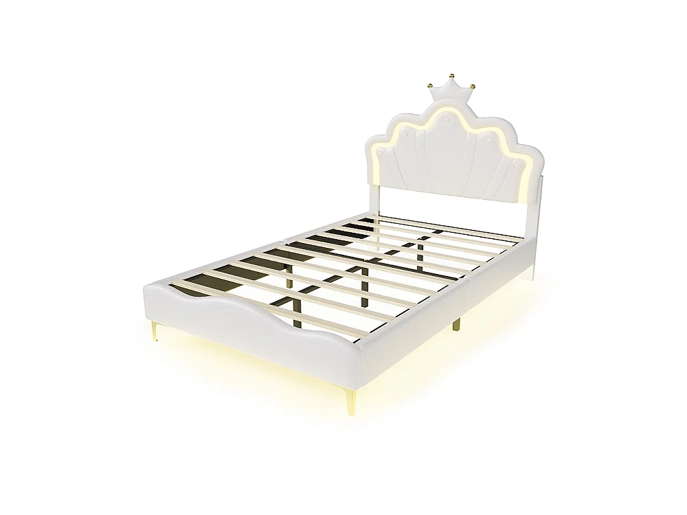 Lit Princesse - 140 x 190 cm - avec éclairage LED et tête en forme de couronne réglable en hauteur - Blanc