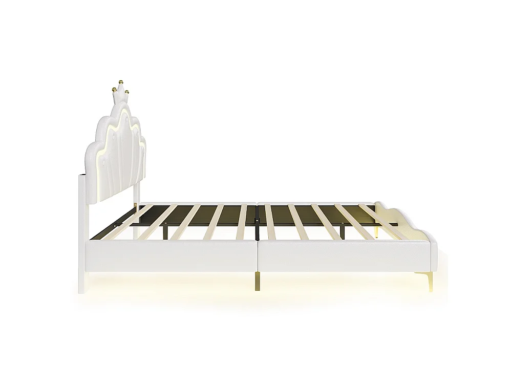 Lit Princesse - 140 x 190 cm - avec éclairage LED et tête en forme de couronne réglable en hauteur - Blanc
