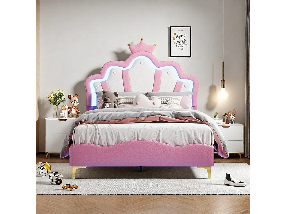 Lit princesse - 140 x 190 cm - avec éclairage LED et tête en forme de couronne réglable en hauteur - rose