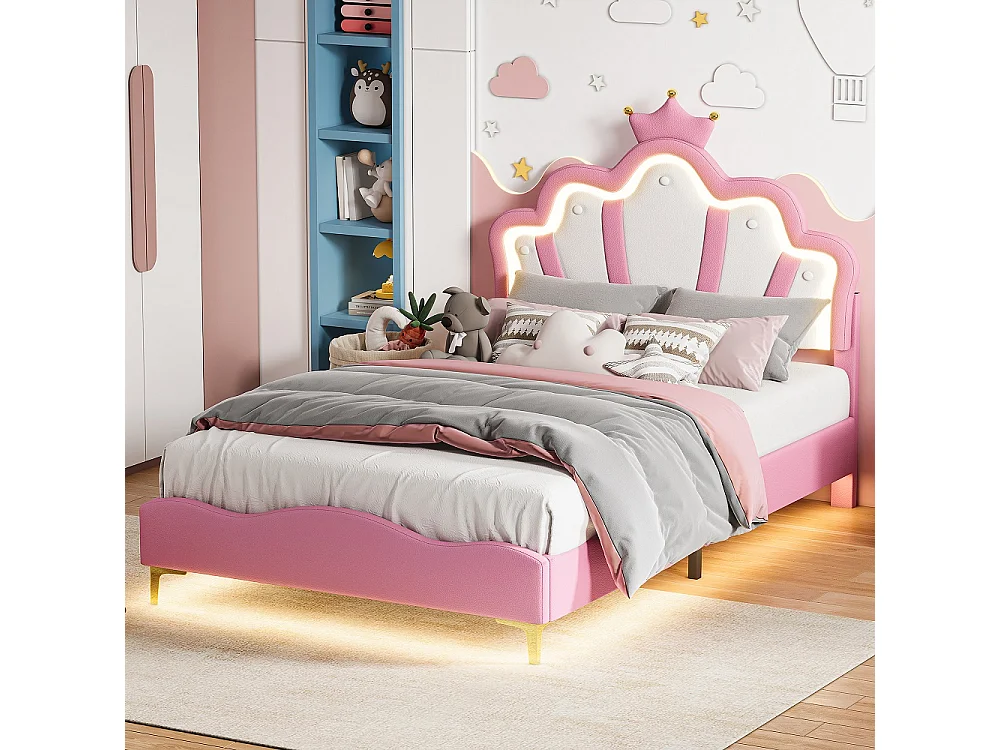 Lit princesse - 140 x 190 cm - avec éclairage LED et tête en forme de couronne réglable en hauteur - rose