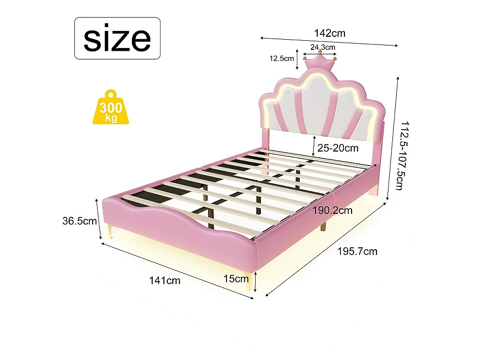 Lit princesse - 140 x 190 cm - avec éclairage LED et tête en forme de couronne réglable en hauteur - rose