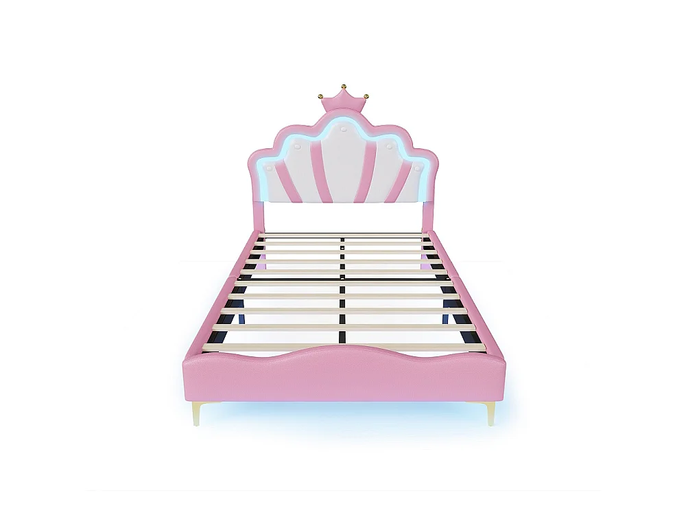 Lit princesse - 140 x 190 cm - avec éclairage LED et tête en forme de couronne réglable en hauteur - rose