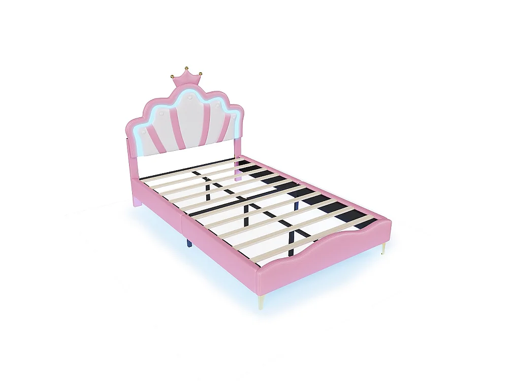 Lit princesse - 140 x 190 cm - avec éclairage LED et tête en forme de couronne réglable en hauteur - rose