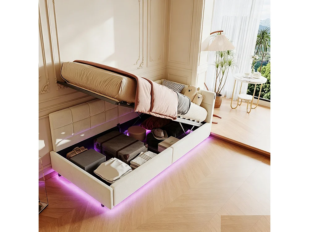 Lit hydraulique suspendu simple - 90 x 200 cm - Charge USB et TypeC + bande lumineuse de télécommande RVB - Velvet - blanc