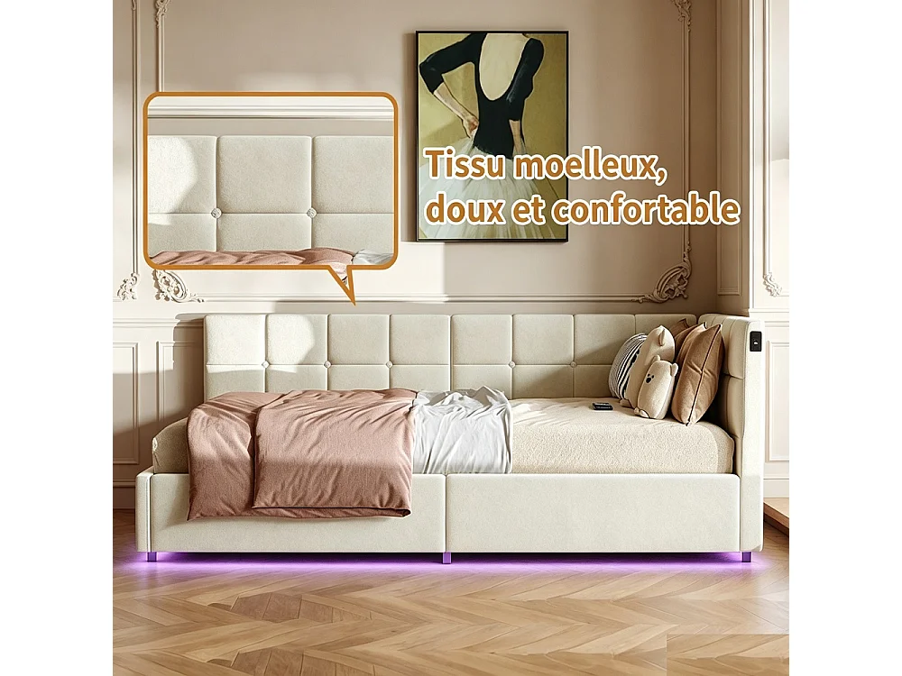 Lit hydraulique suspendu simple - 90 x 200 cm - Charge USB et TypeC + bande lumineuse de télécommande RVB - Velvet - blanc